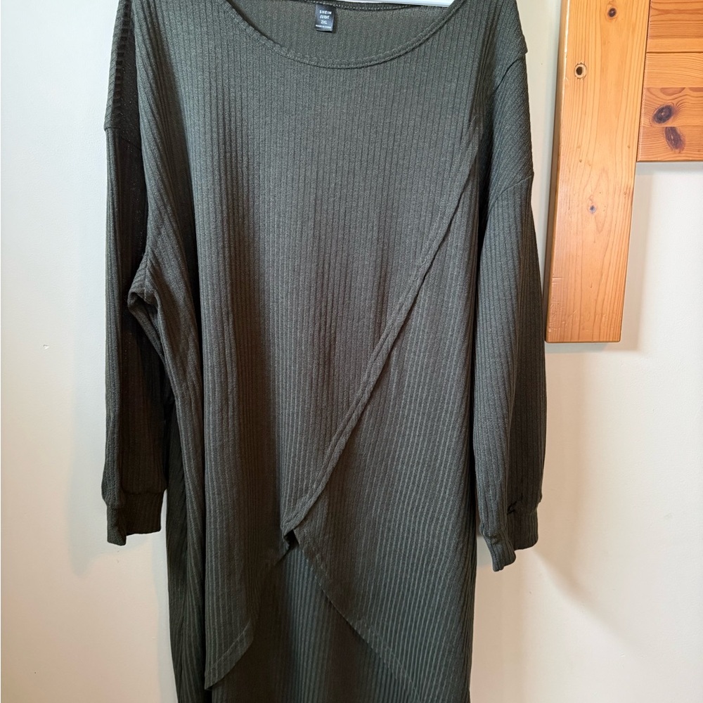SHEIN Olive Green Ribbed Long Sleeve Asymmetrical Dress